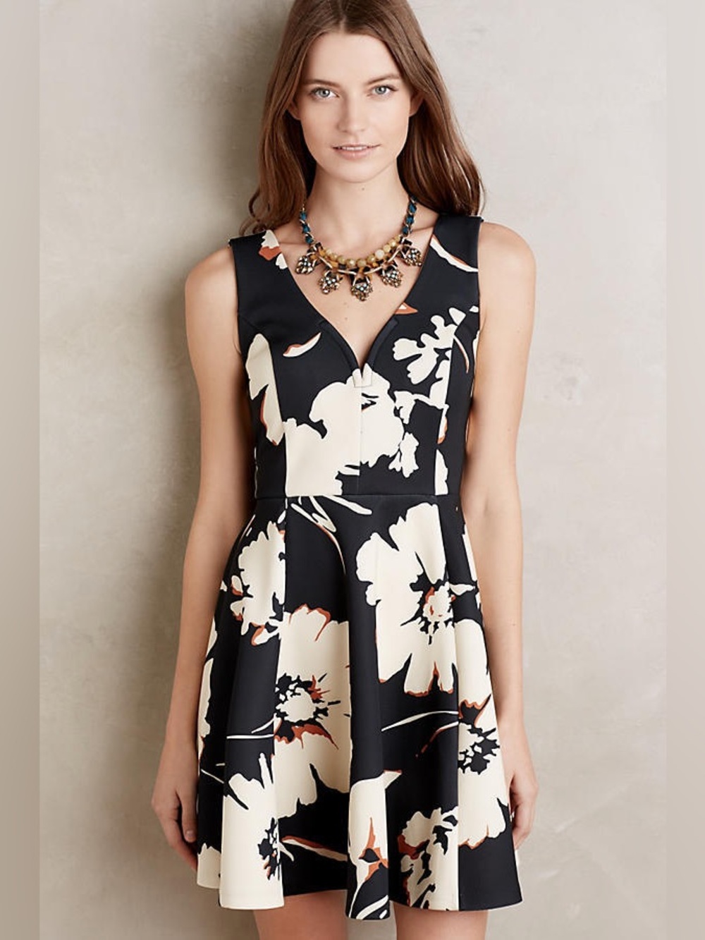 Maeve Anthropologie Women’s Black Fit&Flare Dress with Cream Floral Print size 0